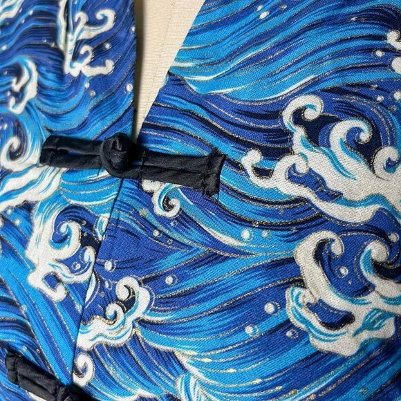 Rare Ukiyo-e Art "The Great Wave off Kanagawa" Print Mandarin Collar Dress - Picture 6 of 7